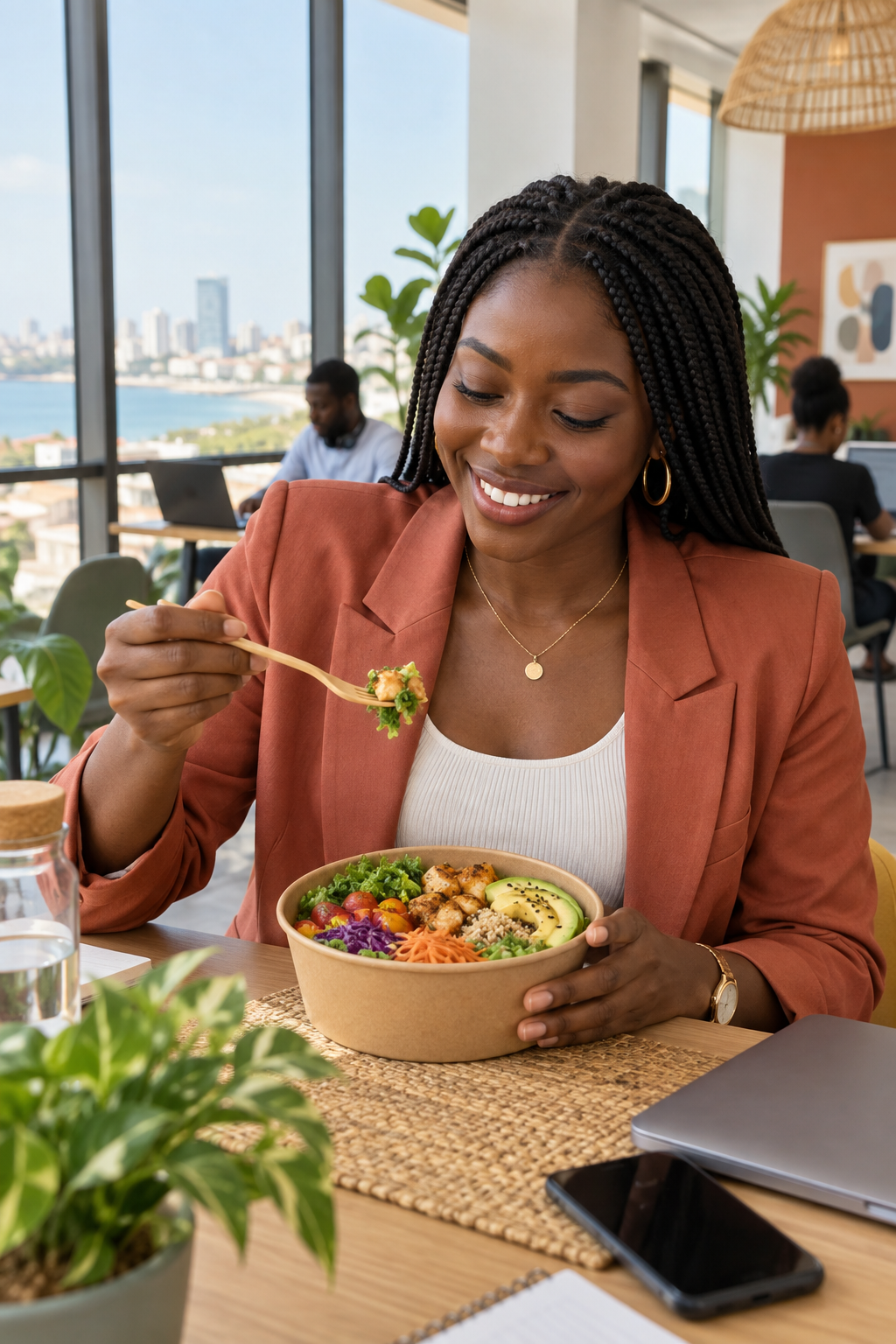 Professionnelle dégustant un bowl frais dans un espace de travail à Dakar